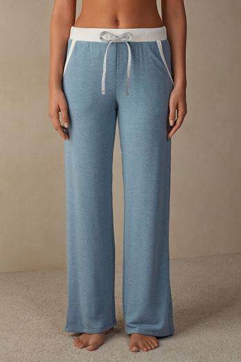 Intimssimi Romantic Bedroom Contrast Trim Full Length Pants in Modal with Μαλλί ανοιχτο μπλε | GGRUC35545