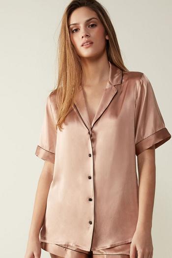 Intimssimi κοντο Sleeve Silk Shirt with Contrast Trim Natural | PGRQX46623