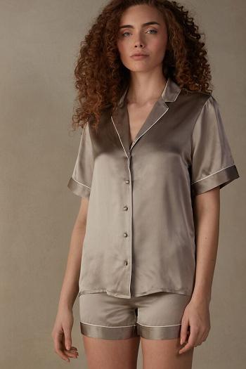 Intimssimi κοντο Sleeve Silk Shirt with Contrast Trim Natural | XGRBH75230