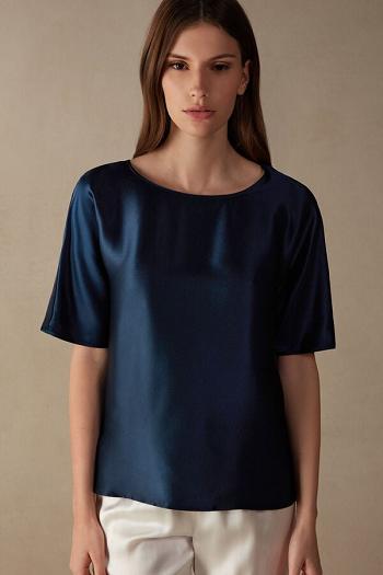 Intimssimi κοντο Sleeve Silk and Modal Top μπλε | DGRKV12164