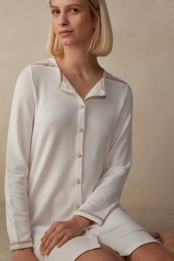 Intimssimi Romantic Bedroom Button Up Night Shirt in Modal with Μαλλί ασπρα | TGRWZ99935