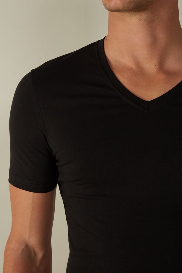 Intimssimi V-neck T-shirt in Stretch Supima® βαμβακερα μαυρα | GRDFL75188