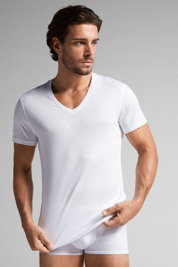 Intimssimi κοντο-Sleeve V-Neck T Shirt in Extra-Fine Supima® βαμβακερα ασπρα | GREAH34555