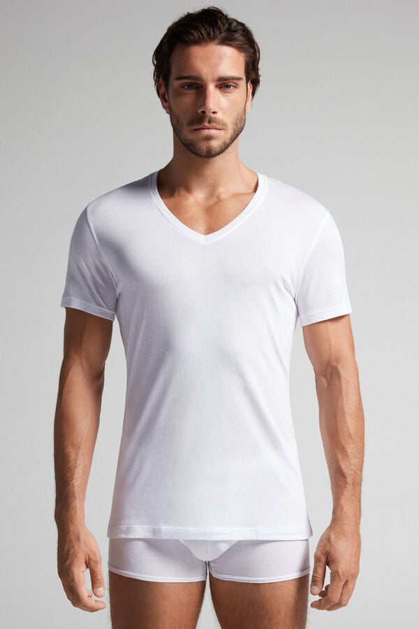 Intimssimi κοντο-Sleeve V-Neck T Shirt in Extra-Fine Supima® βαμβακερα ασπρα | GREAH34555